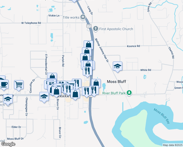 map of restaurants, bars, coffee shops, grocery stores, and more near 277 U.S. 171 in Moss Bluff