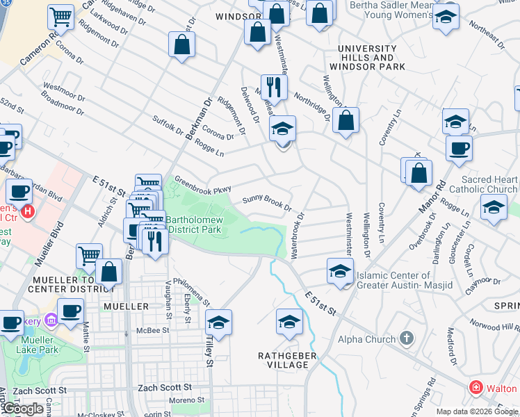 map of restaurants, bars, coffee shops, grocery stores, and more near 2001 Sunny Brook Drive in Austin