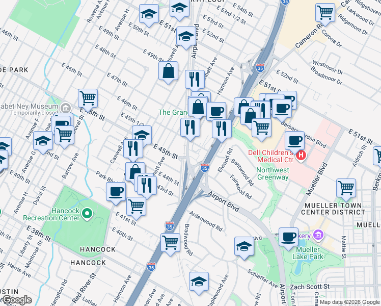 map of restaurants, bars, coffee shops, grocery stores, and more near 4511 Airport Boulevard in Austin