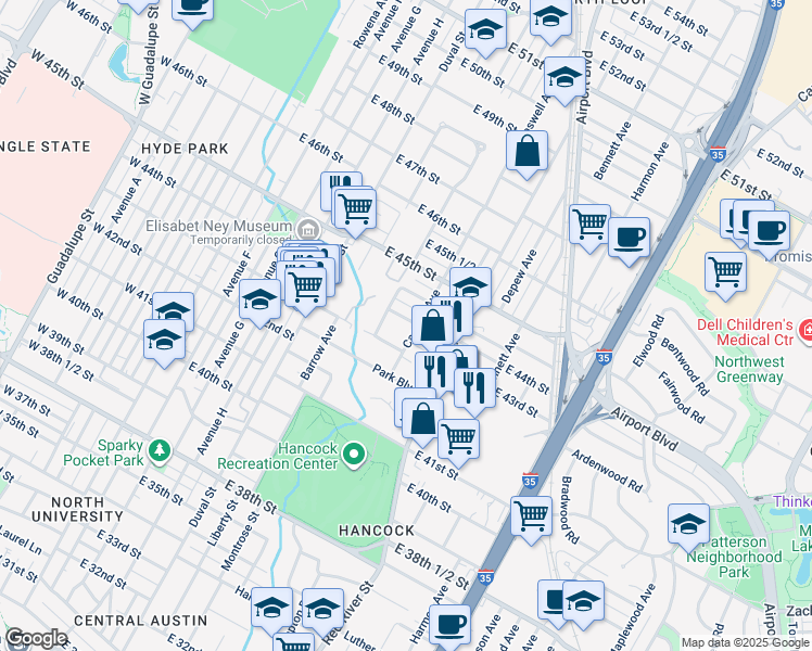map of restaurants, bars, coffee shops, grocery stores, and more near 4404 Caswell Avenue in Austin