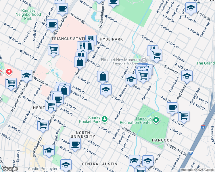 map of restaurants, bars, coffee shops, grocery stores, and more near 4105 Speedway in Austin