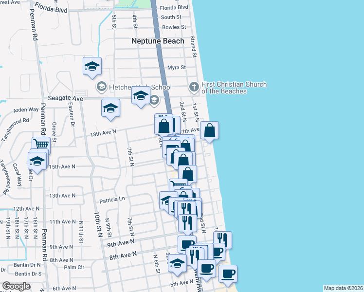 map of restaurants, bars, coffee shops, grocery stores, and more near 218 17th Avenue North in Jacksonville Beach
