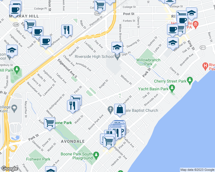 map of restaurants, bars, coffee shops, grocery stores, and more near Avondale Avenue in Jacksonville