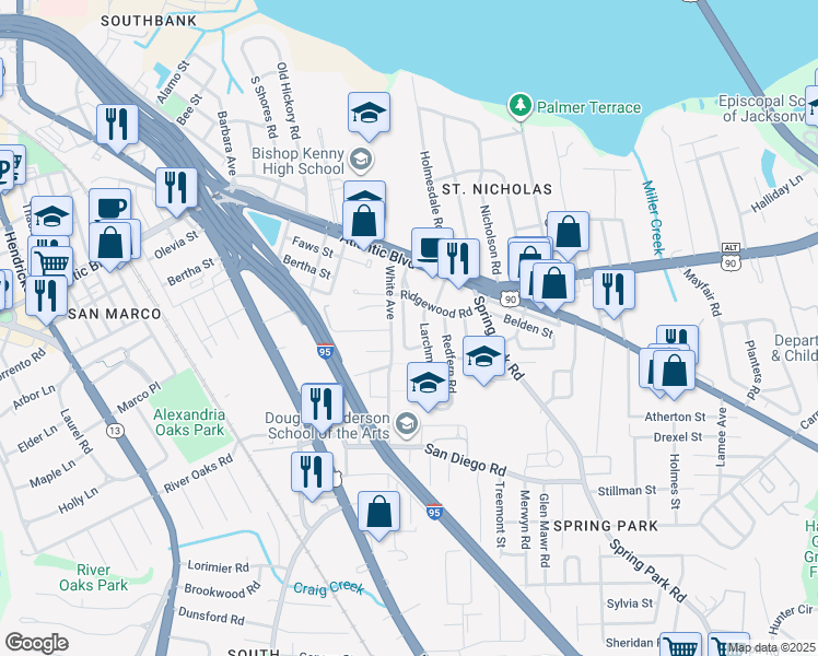 map of restaurants, bars, coffee shops, grocery stores, and more near 2114 Traymore Road in Jacksonville