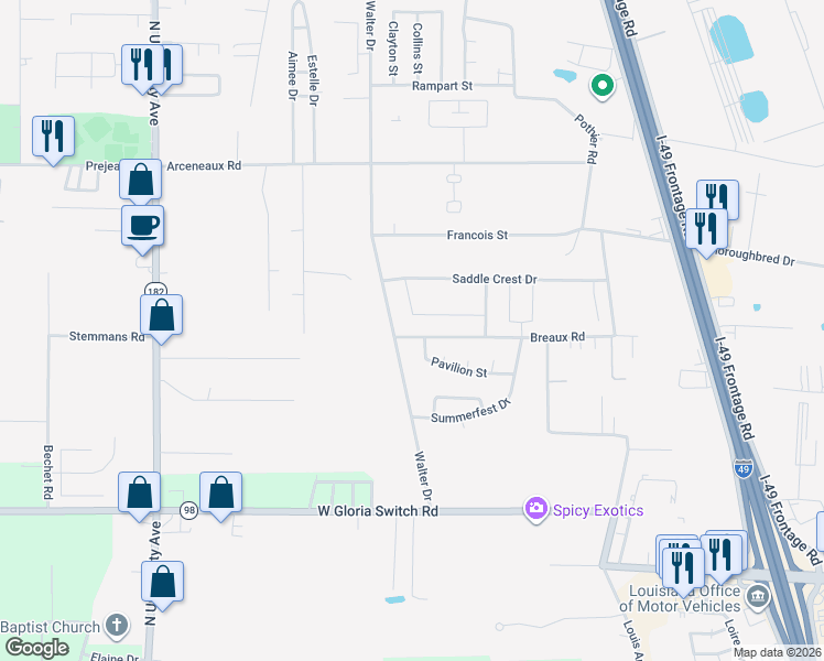 map of restaurants, bars, coffee shops, grocery stores, and more near 433 Walter Drive in Lafayette