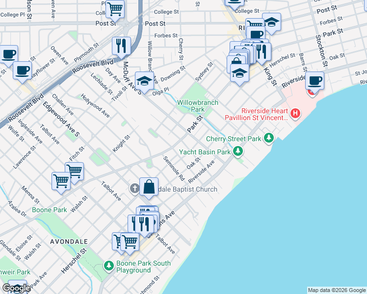 map of restaurants, bars, coffee shops, grocery stores, and more near 1520 Donald Street in Jacksonville