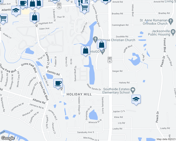 map of restaurants, bars, coffee shops, grocery stores, and more near 2325 White Sands Drive in Jacksonville