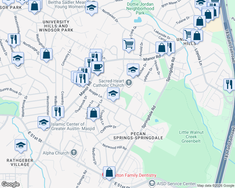 map of restaurants, bars, coffee shops, grocery stores, and more near 3105 Edgedale Drive in Austin