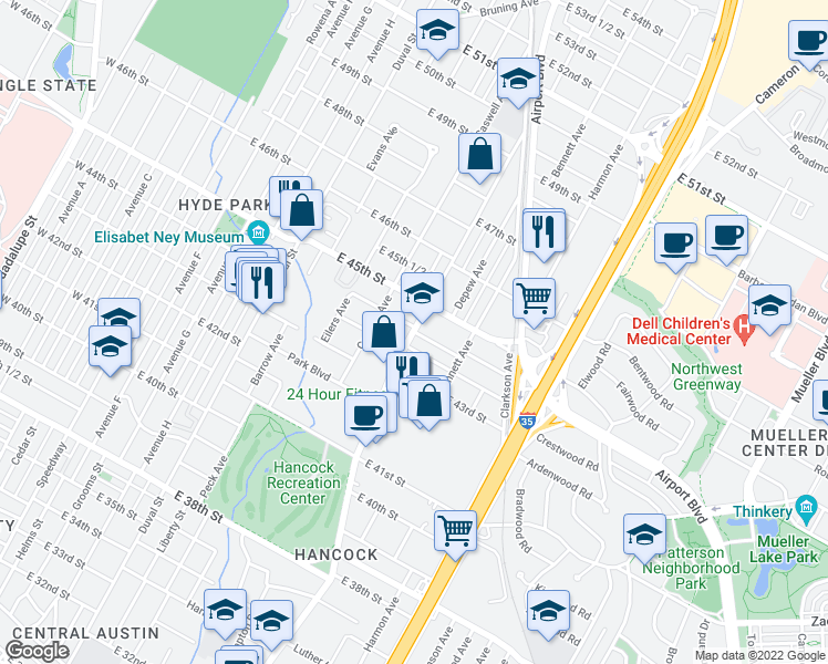 map of restaurants, bars, coffee shops, grocery stores, and more near Red River St & Ellingson Ln in Austin