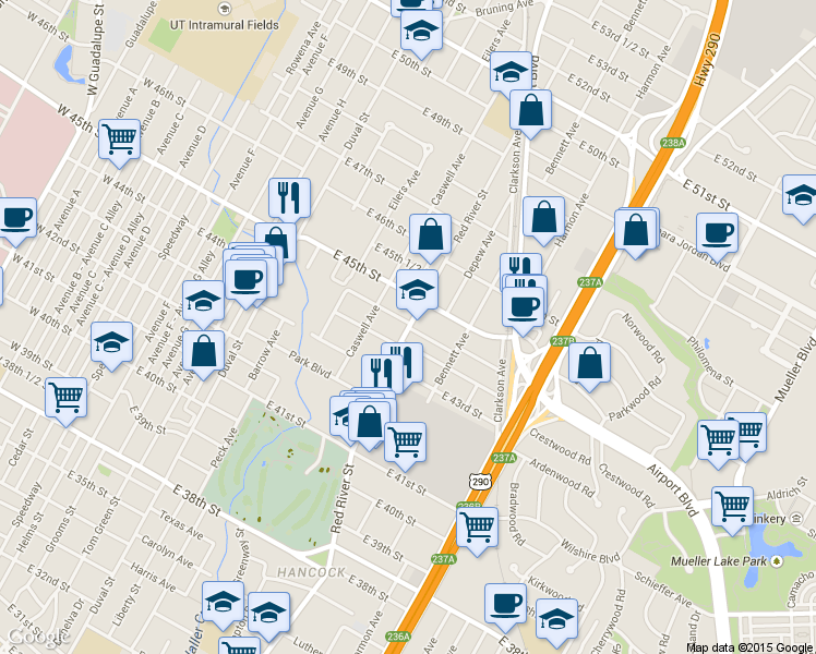 map of restaurants, bars, coffee shops, grocery stores, and more near 4408 Red River St in Austin