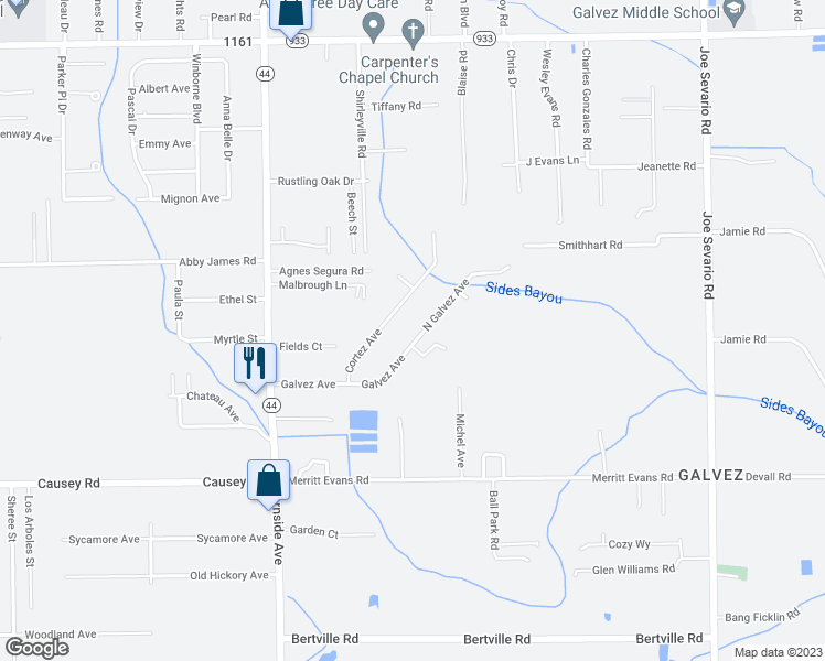 map of restaurants, bars, coffee shops, grocery stores, and more near 16199 North Galvez Avenue in Prairieville