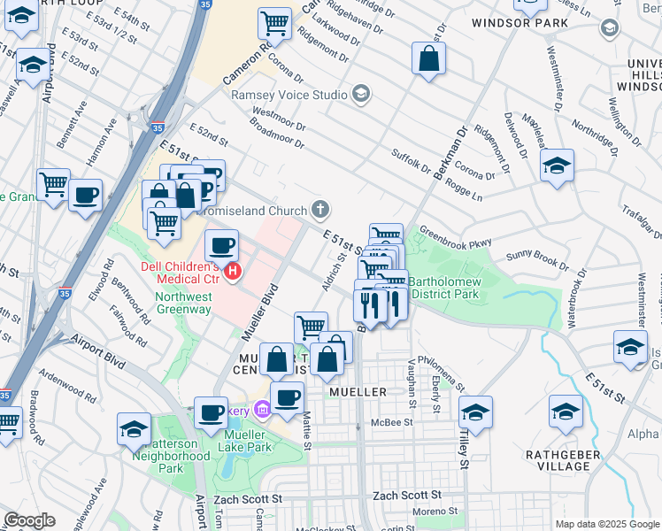 map of restaurants, bars, coffee shops, grocery stores, and more near 1525 East 51st Street in Austin