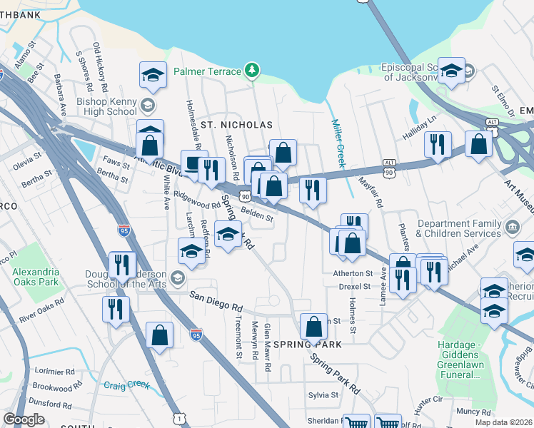 map of restaurants, bars, coffee shops, grocery stores, and more near 3151 U.S. 90 in Jacksonville