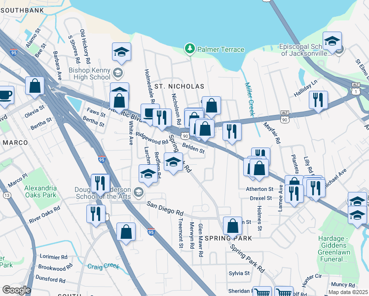 map of restaurants, bars, coffee shops, grocery stores, and more near 3041 Belden Street in Jacksonville