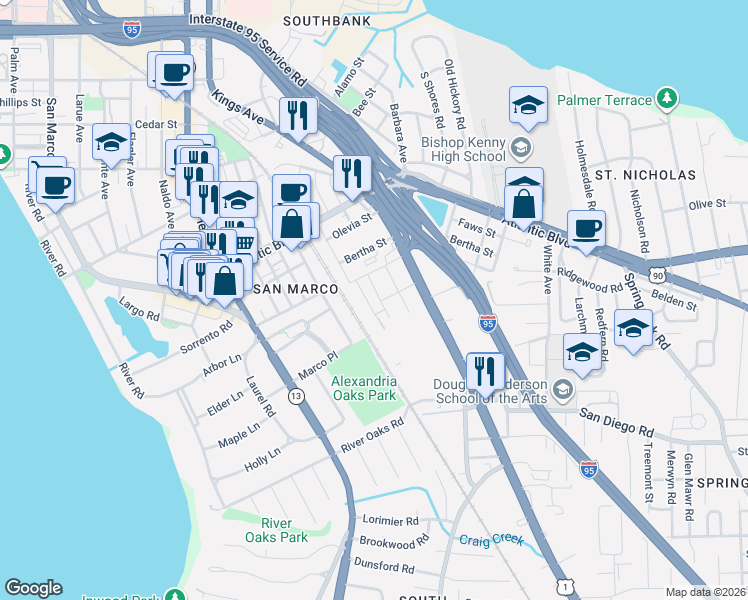 map of restaurants, bars, coffee shops, grocery stores, and more near 2325 Bethune Avenue in Jacksonville