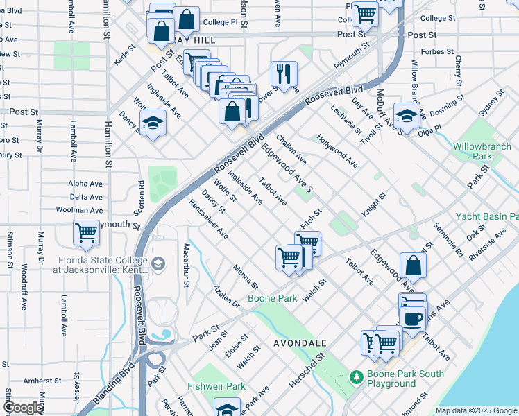 map of restaurants, bars, coffee shops, grocery stores, and more near 1307 Ingleside Avenue in Jacksonville