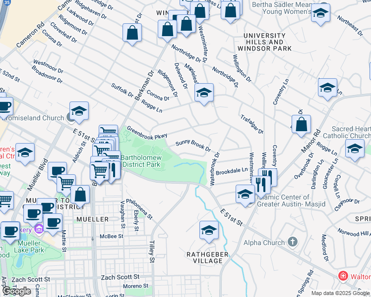map of restaurants, bars, coffee shops, grocery stores, and more near 2001 Sunny Brook Drive in Austin