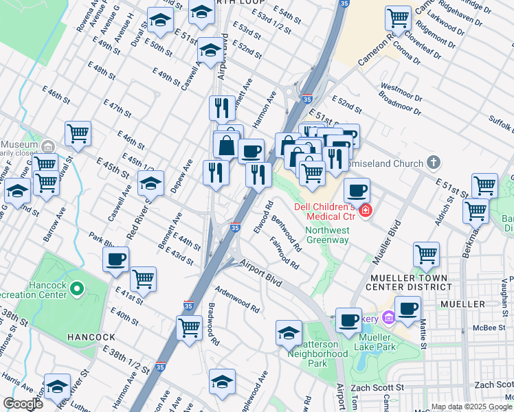 map of restaurants, bars, coffee shops, grocery stores, and more near 4609 North I- 35 Service Road in Austin