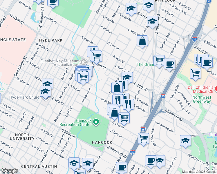 map of restaurants, bars, coffee shops, grocery stores, and more near 4404 Caswell Avenue in Austin