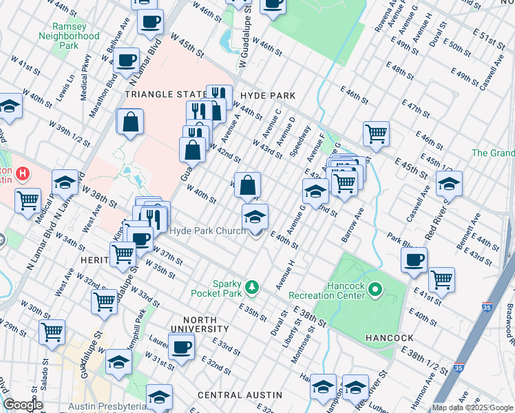 map of restaurants, bars, coffee shops, grocery stores, and more near 4012 Avenue D in Austin