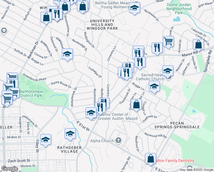map of restaurants, bars, coffee shops, grocery stores, and more near 5601 Coventry Lane in Austin