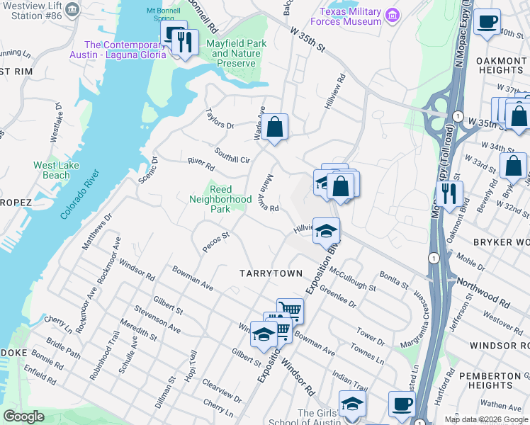 map of restaurants, bars, coffee shops, grocery stores, and more near 2612 Maria Anna Road in Austin