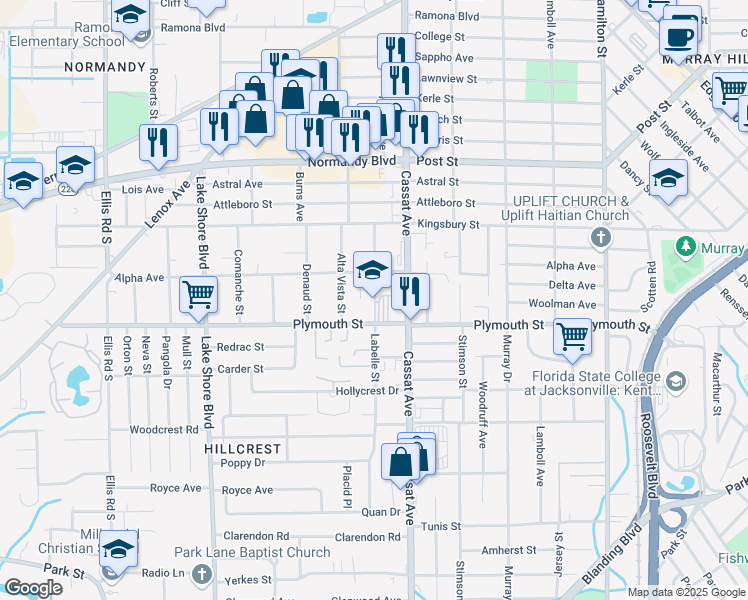 map of restaurants, bars, coffee shops, grocery stores, and more near 1176 Labelle Street in Jacksonville