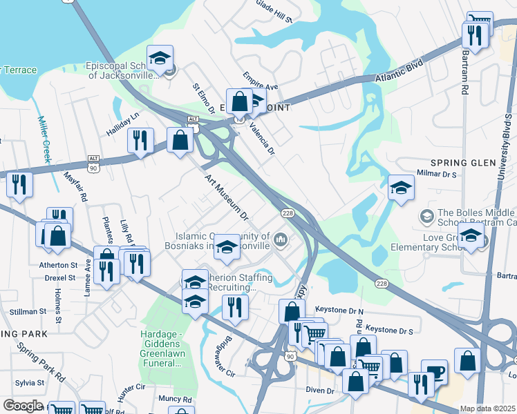 map of restaurants, bars, coffee shops, grocery stores, and more near 1913 Art Museum Drive in Jacksonville