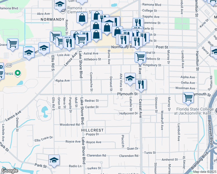 map of restaurants, bars, coffee shops, grocery stores, and more near 1156 Denaud Street in Jacksonville