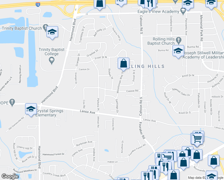 map of restaurants, bars, coffee shops, grocery stores, and more near Cassie Rd & Stokes St in Jacksonville
