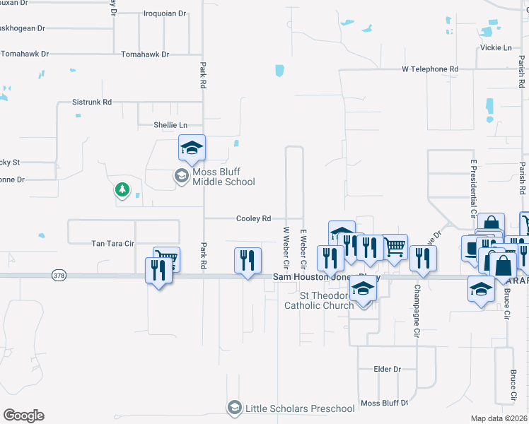 map of restaurants, bars, coffee shops, grocery stores, and more near 844 Cooley Rd in Lake Charles