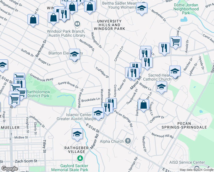 map of restaurants, bars, coffee shops, grocery stores, and more near 5400 Wellington Drive in Austin
