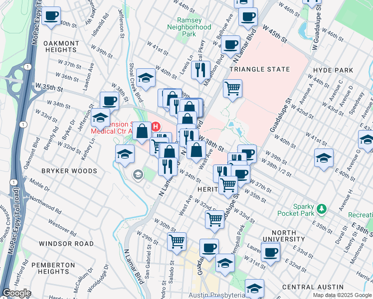 map of restaurants, bars, coffee shops, grocery stores, and more near in Austin