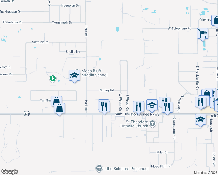 map of restaurants, bars, coffee shops, grocery stores, and more near 844 Cooley Rd in Lake Charles