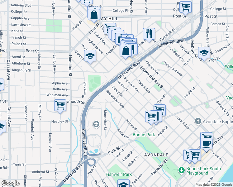 map of restaurants, bars, coffee shops, grocery stores, and more near 1233 Dancy Street in Jacksonville