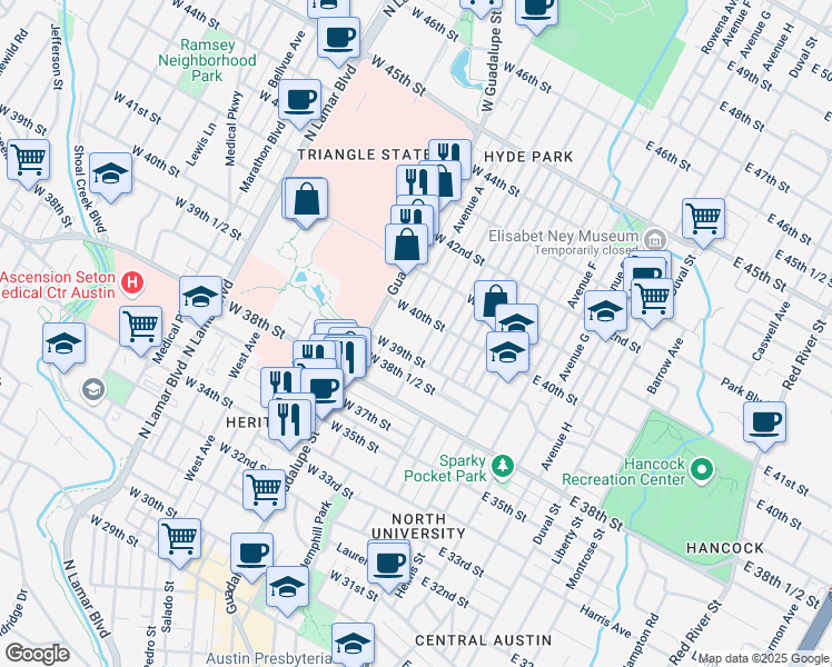 map of restaurants, bars, coffee shops, grocery stores, and more near 3908 Avenue B in Austin