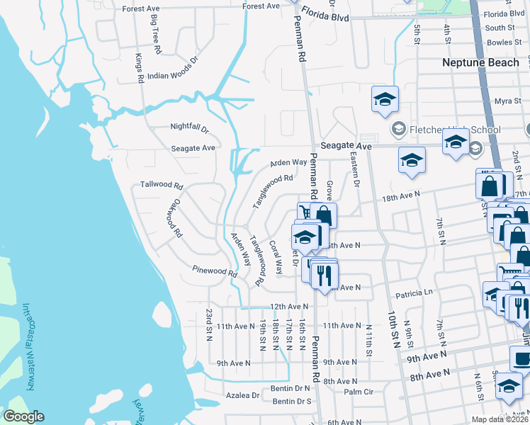 map of restaurants, bars, coffee shops, grocery stores, and more near 1803 Tanglewood Road in Jacksonville Beach