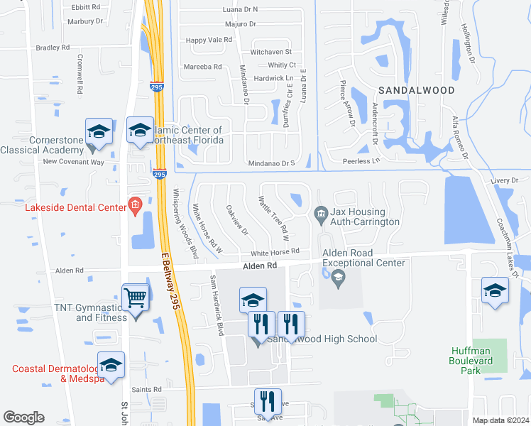 map of restaurants, bars, coffee shops, grocery stores, and more near 2462 Wattle Tree Road West in Jacksonville