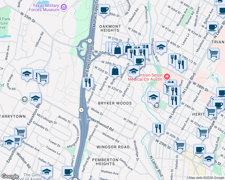 map of restaurants, bars, coffee shops, grocery stores, and more near 1703 West 32nd Street in Austin