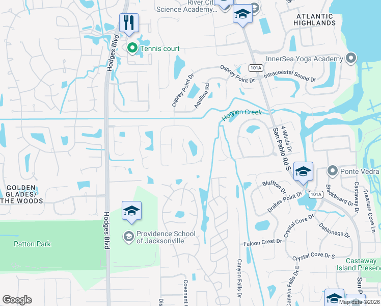 map of restaurants, bars, coffee shops, grocery stores, and more near 2340 Foxhaven Drive South in Jacksonville