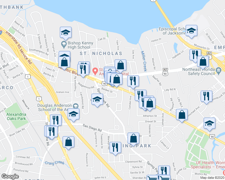 map of restaurants, bars, coffee shops, grocery stores, and more near 3151 U.S. 90 in Jacksonville