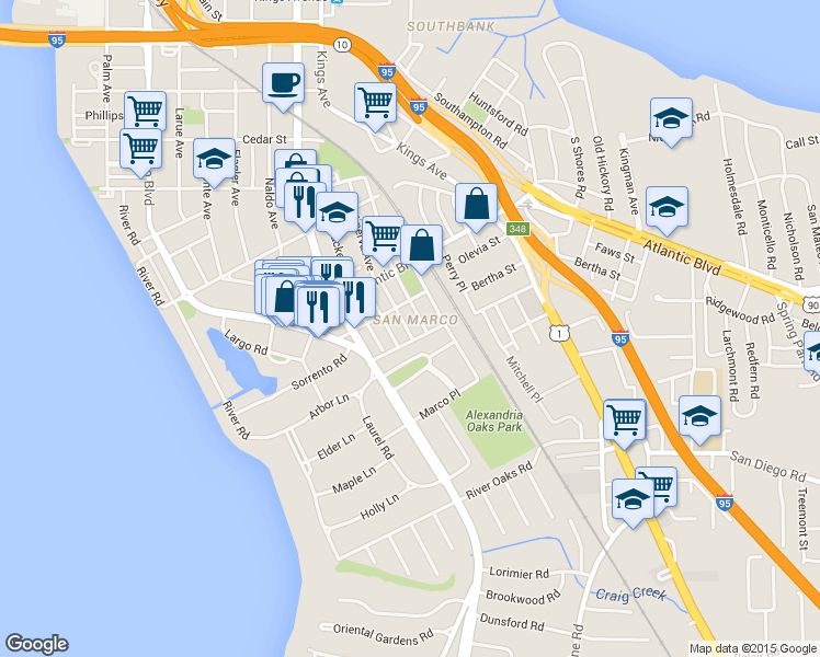 map of restaurants, bars, coffee shops, grocery stores, and more near 1570 Alford Place in Jacksonville