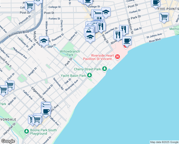 map of restaurants, bars, coffee shops, grocery stores, and more near 2918 Riverside Avenue in Jacksonville
