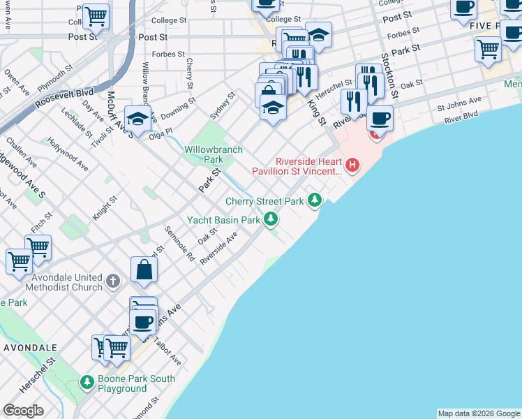 map of restaurants, bars, coffee shops, grocery stores, and more near 2918 Riverside Avenue in Jacksonville