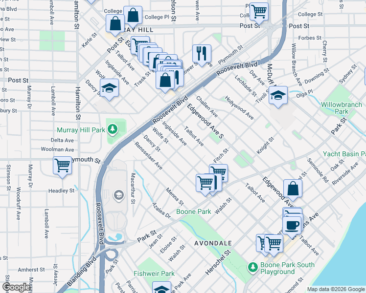 map of restaurants, bars, coffee shops, grocery stores, and more near 1307 Ingleside Avenue in Jacksonville