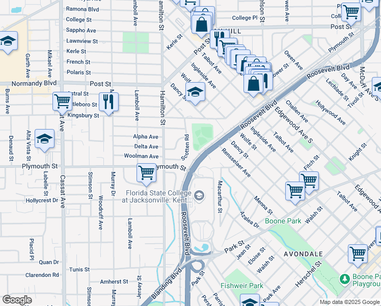 map of restaurants, bars, coffee shops, grocery stores, and more near 1146 Scotten Road in Jacksonville