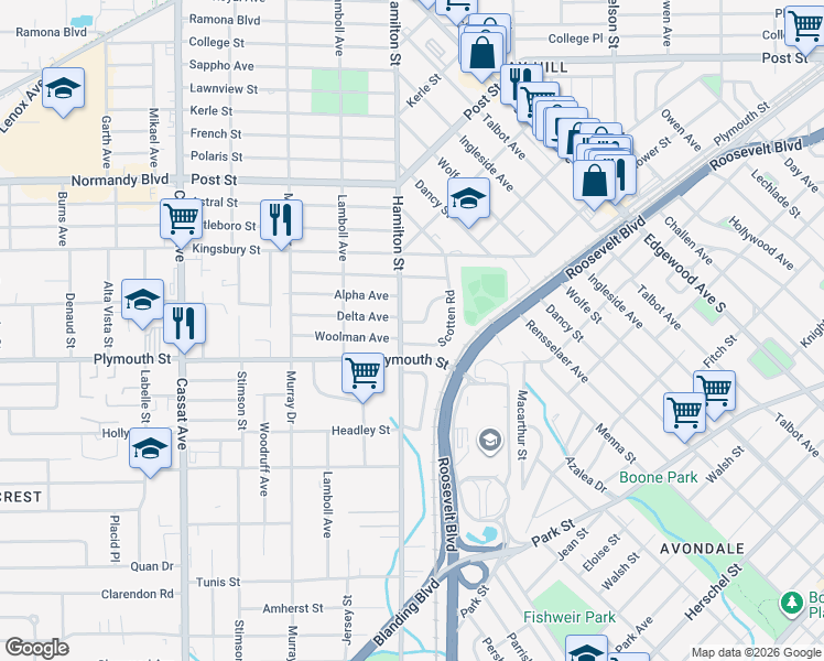 map of restaurants, bars, coffee shops, grocery stores, and more near 4345 Bethwood Circle in Jacksonville