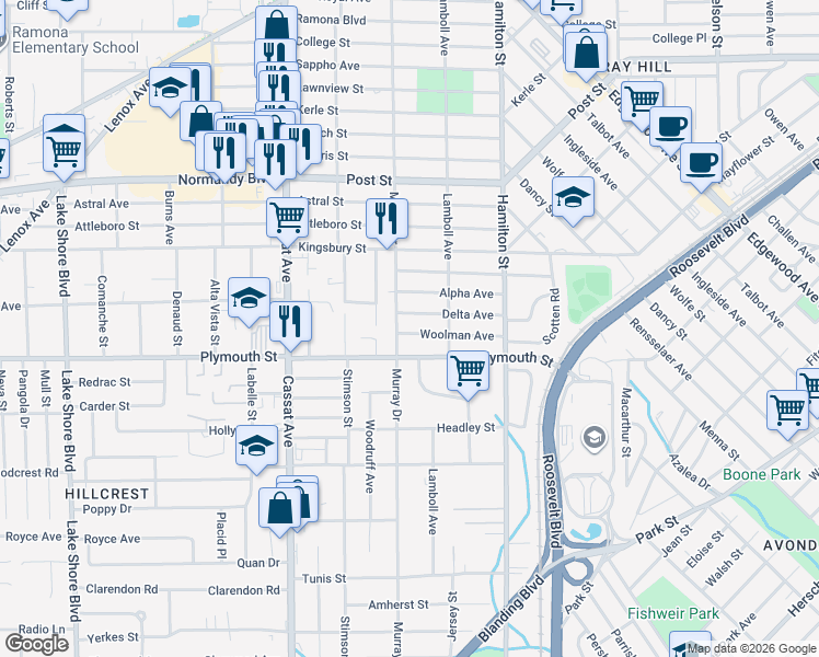 map of restaurants, bars, coffee shops, grocery stores, and more near 1157 Murray Drive in Jacksonville