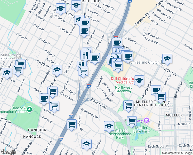 map of restaurants, bars, coffee shops, grocery stores, and more near 4609 North I- 35 Service Road in Austin