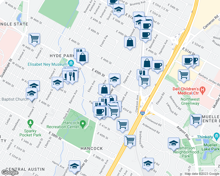 map of restaurants, bars, coffee shops, grocery stores, and more near 815 Keasbey Street in Austin